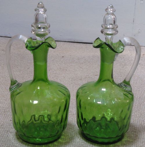 Pair of Victorian Green Glass Jug Decanters Circa 1880