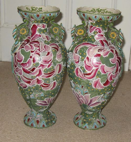 Large Pair 19th Century Japanese Slip-trailed Vases Circa 1900