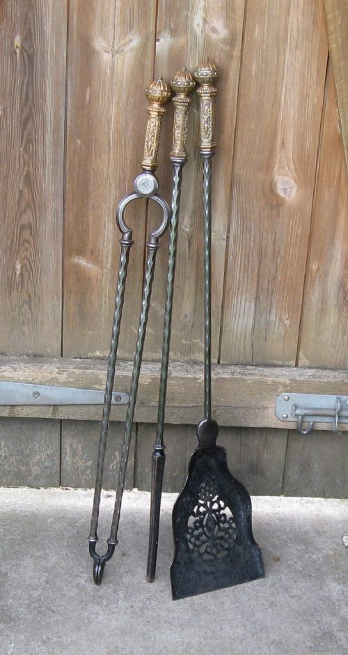 Fine Set of Registered Victorian Steel & Ormolu Fire Irons 1866
