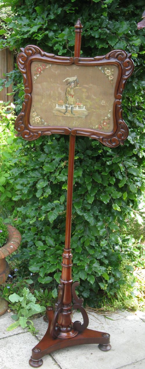 Decorative Victorian Mahogany Pole Screen with Needlework Panel Circa 1860