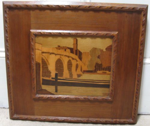The Rowley Gallery Kensington Arts & Crafts Inlaid Wooden Picture 'Richmond Bridge' Circa 1920