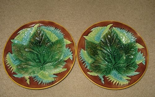 Pair of George Jones Majolica Leaf Dessert Plates Circa 1880