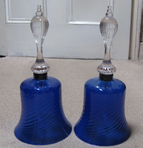 Rare Pair of Victorian Wrythen Blue Glass Bells Circa 1870