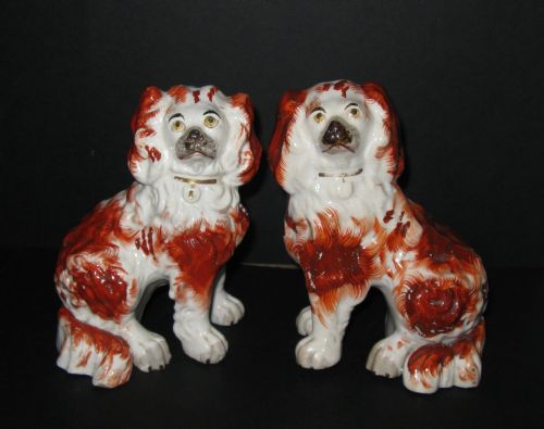 Pair of Staffordshire Red & White China Dogs C1840