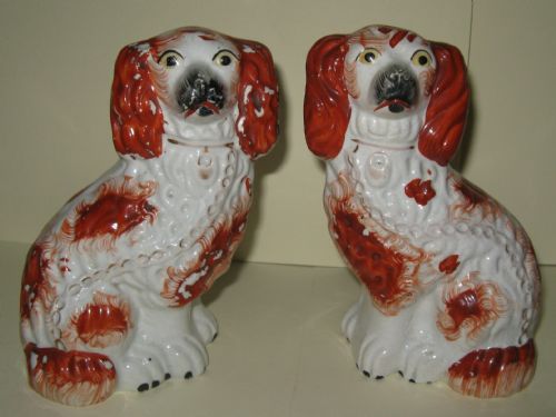 Pair of Victorian Staffordshire Red & White Spaniels C1860