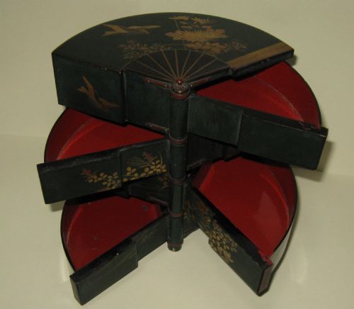 fig 1. LACQUERED FAN-SHAPED JAPANESQUE TIERED CHOCOLATE BOX - CHOCOLAT MASSON PARIS - c1900