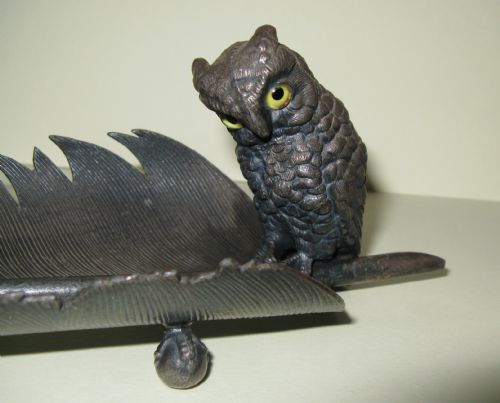 Victorian Metal Owl and Feather Pen Stand C1880