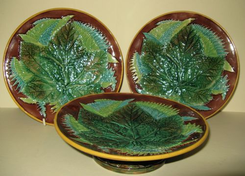 Pair of George Jones Majolica Leaf Plates and Matching Comport C1880