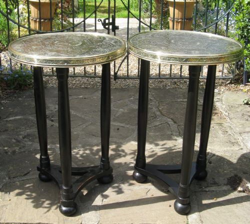 Near Pair of Chinese Brass Lamp Tables on Oak Triform Bases C1920