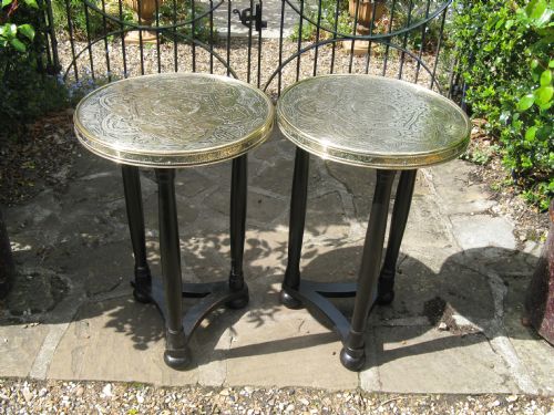 fig 1. NEAR PAIR OF CHINESE BRASS LAMP TABLES on OAK TRIFORM BASES c1920