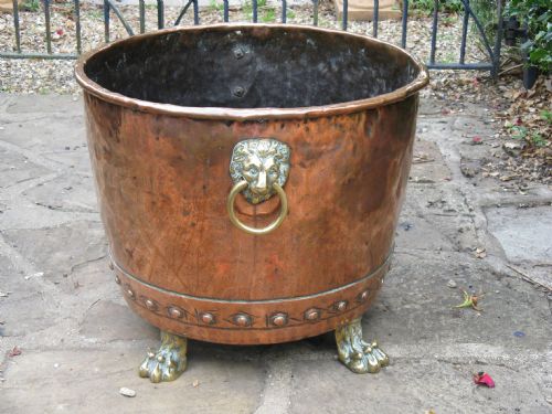 19th Century Copper Log Bin with Lion Mask Handles and Paw Feet