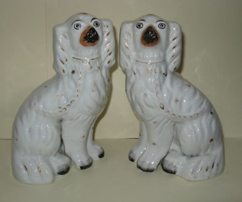 Pair of Antique Staffordshire White & Gilt Dogs C1860