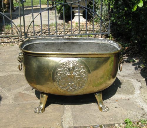 Large Late Victorian Brass Planter with Lion Mask Handles