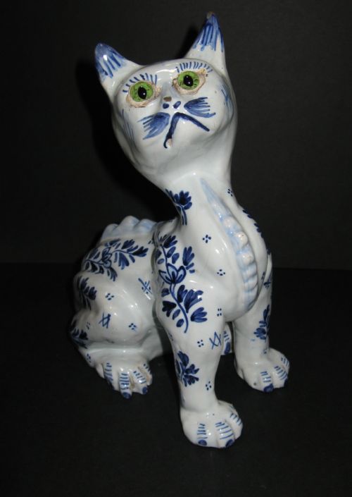 Faience Cat with Green Glass Eyes Circa 1920