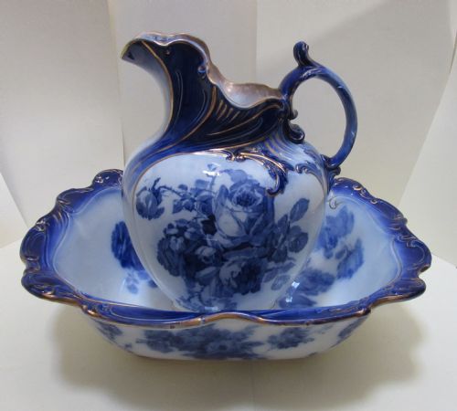 Fine Doulton Gloire De Dijon Flow Blue Jug & Bowl Circa 1900