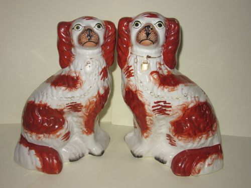 Pair of Victorian Red & White Staffordshire Dogs