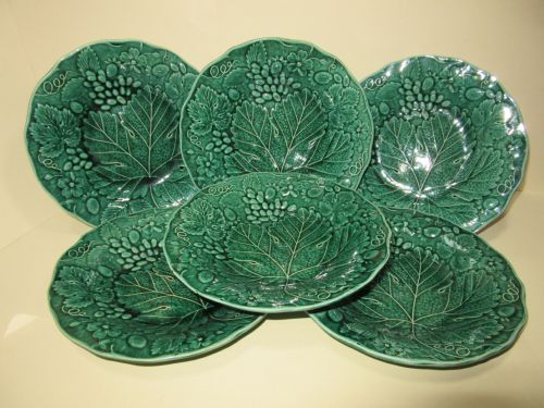Set of Six Thomas Till English Majolica Green Leaf Plates Circa 1850