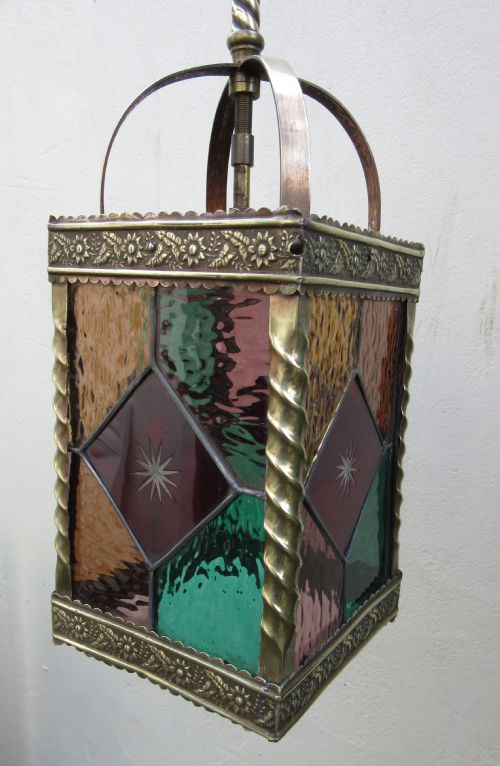 Victorian Stained Glass and Brass Hall Lantern