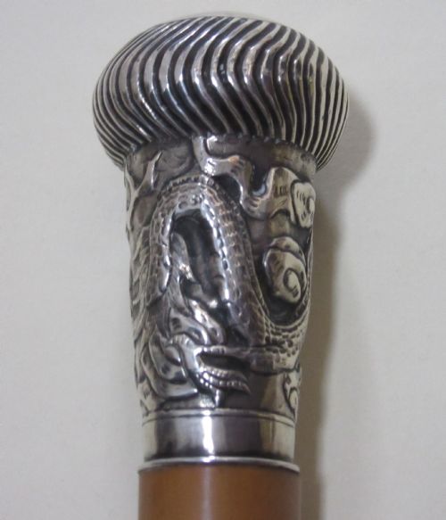 Chinese White Metal Dragon & Spiral Malacca Cane C1900