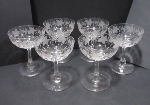 Set of Six Etched & Cut Glass Champagne Saucers C1900