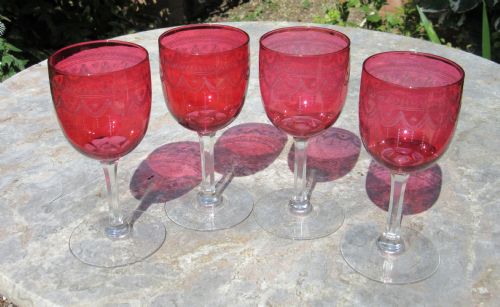 Set of 4 Etched & Cut Cranberry Glasses Circa 1880