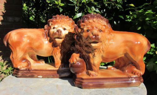 Large Pair of Lancaster & Sons Staffordshire Pottery Lions