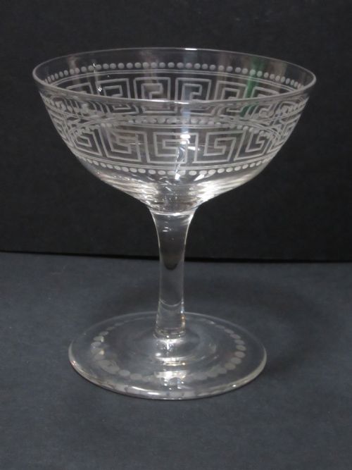 Fine Set of Four Greek Key Etched Champagne Saucers