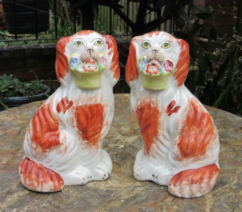 Pair of Red & White Staffordshire Dogs with Baskets C1860