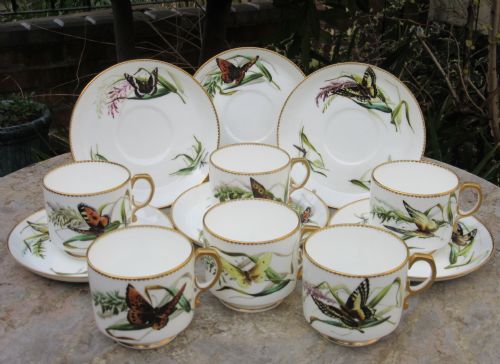 Set of Six George Jones Butterfly Cups & Saucers C1880