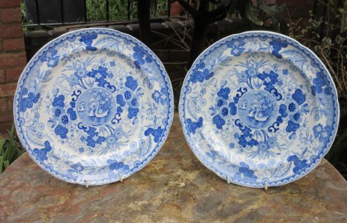 Pair of English Blue & White Pottery Swan Plates C1850