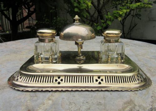 Brass Desk Inkstand with Bell Inkwells & Pen Tray