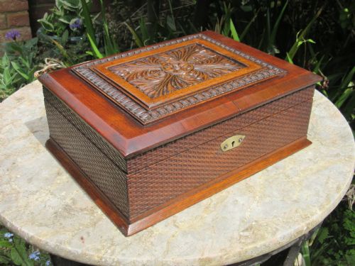 Unusual Victorian Carved Oak & Mahogany Box