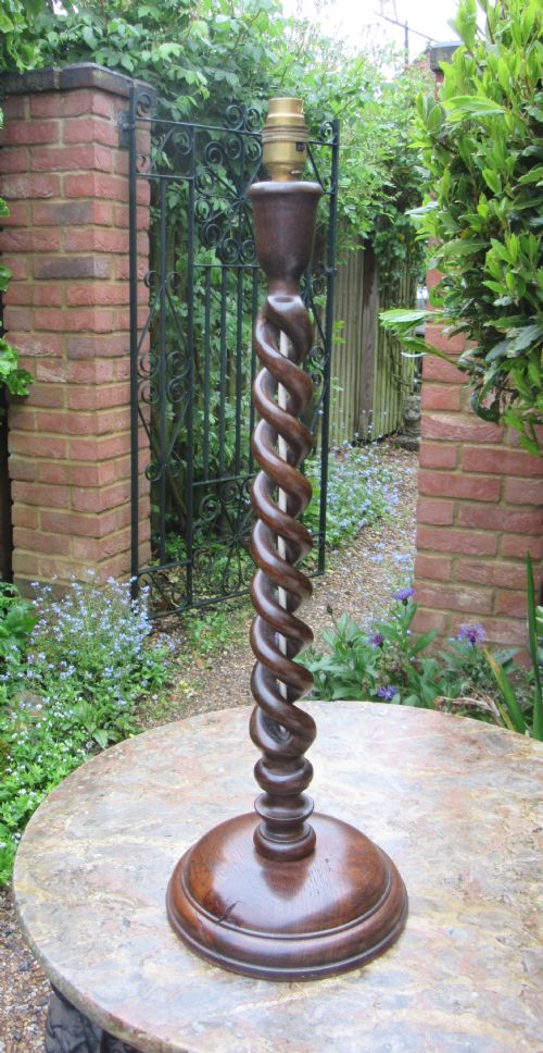Tall Edwardian Oak Open Twist Lamp C1910