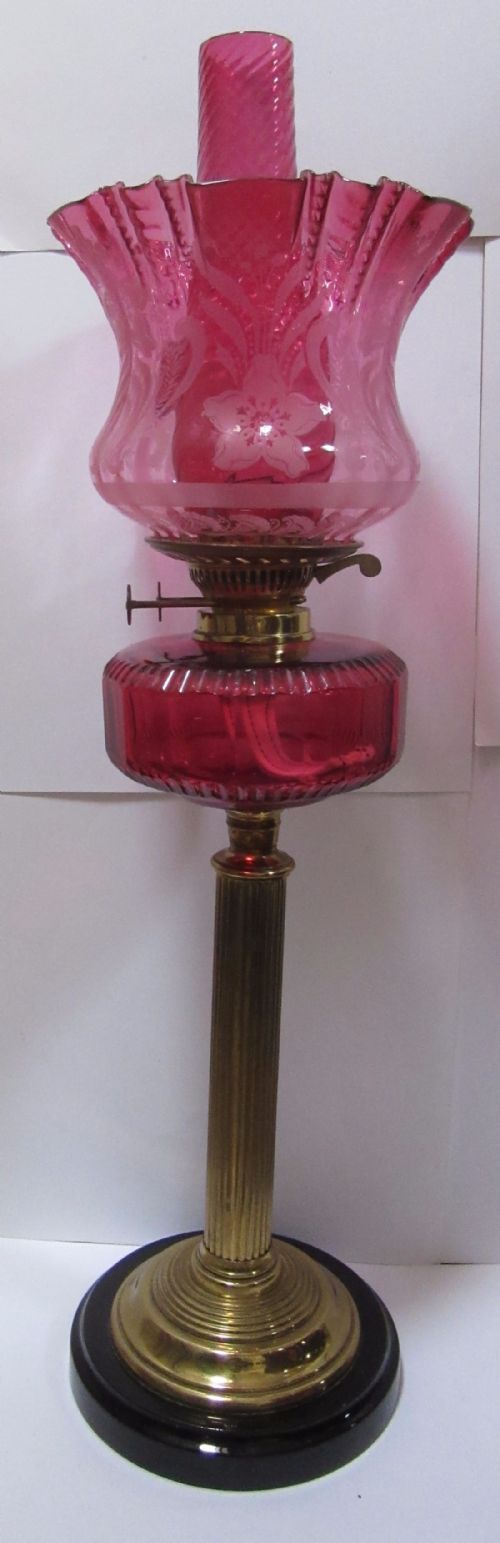 Fine Victorian Cranberry Glass Oil Lamp, Shade & Funnel
