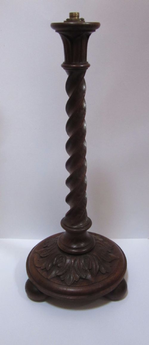 Edwardian Carved Oak Twist Column Lamp Base