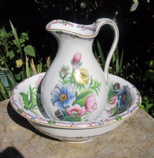 Victorian Pottery Hand Painted Botanical Jug & Basin  C1850