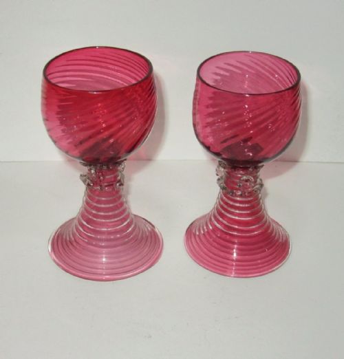 Rare Pair of Victorian Cranberry Wrythen Glasses