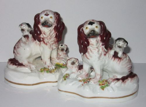 Rare Pair of Staffordshire Dogs with Puppies C1840