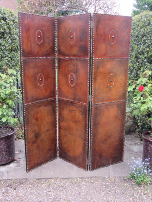 Edwardian 3 Fold Studded Leather & Oak Screen
