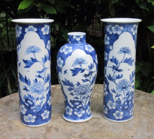 Garniture of Three Chinese Porcelain Blue & White Vases C1900