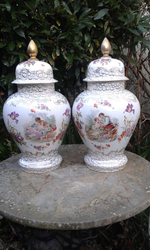 Pair of Large Continental Porcelain Vases & Covers C1910