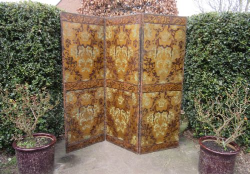 19th Century Three Fold Embossed Leather Screen