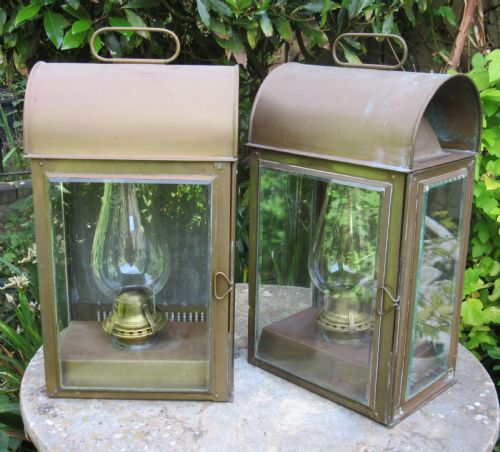 Pair Edwardian Weathered Brass Wall Lanterns