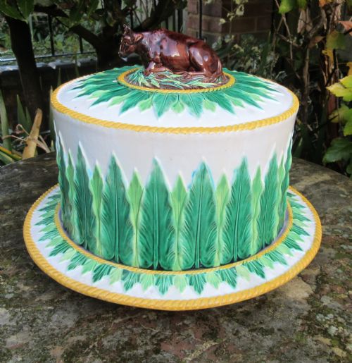 George Jones Majolica Cow Cheese Dome and Stand