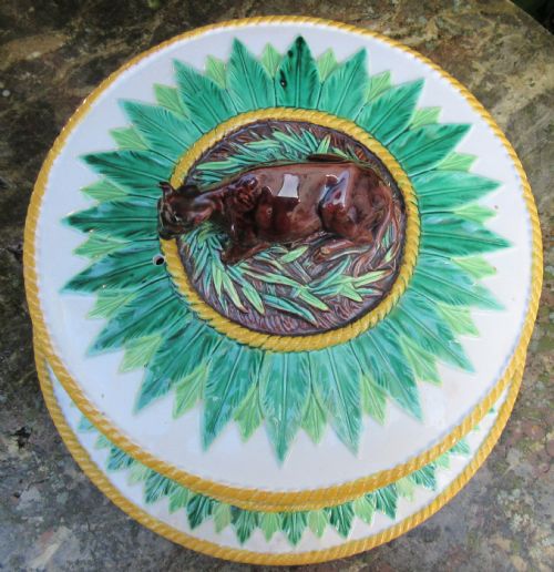 fig 1. GEORGE JONES MAJOLICA COW CHEESE DOME AND STAND