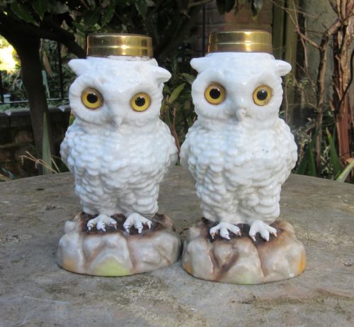 Pair of Porcelain Owl Oil Lamp Bases  C1880
