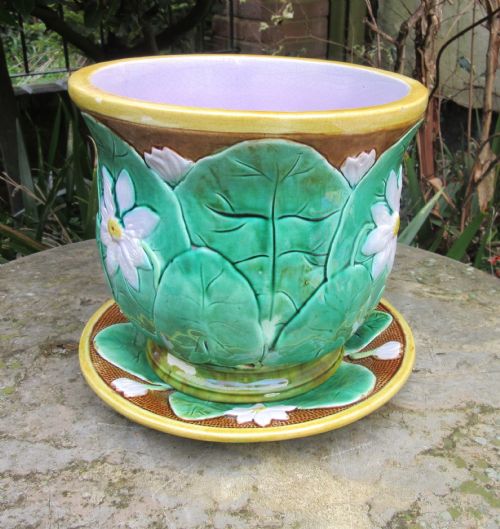 fig 1. FINE VICTORIAN MAJOLICA WATER LILY JARDINIERE AND STAND