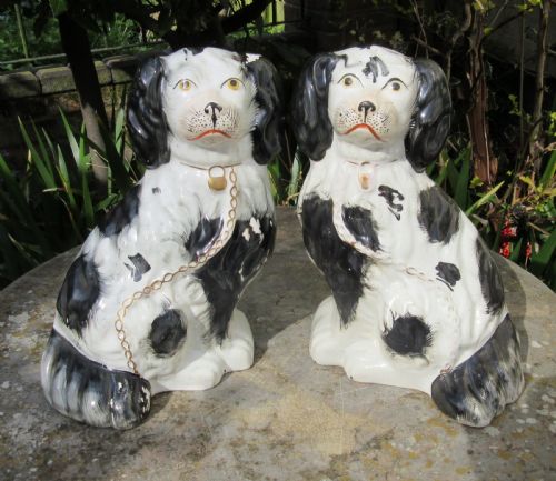 Large Pair of Victorian Staffordshire Black & White Dogs
