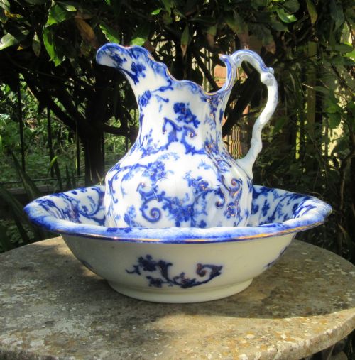 Fine Ridgways Gainsborough Flow Blue Jug & Basin C1910