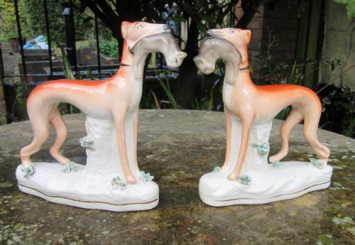 Pair of Victorian Staffordshire Greyhounds & Hares C1880